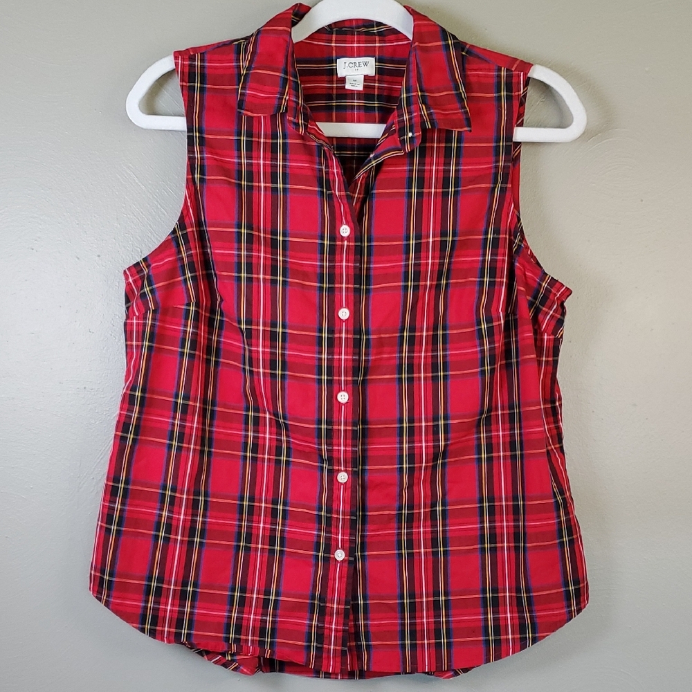 J. Crew Red Plaid Sleeveless Button-Front Shirt